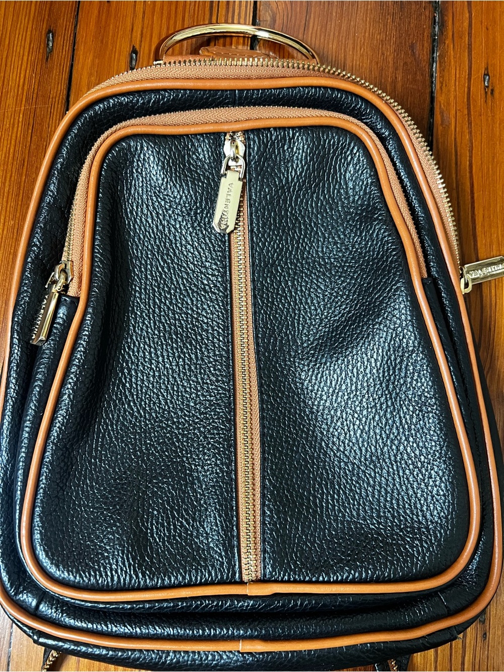 Valentina pebbled black and tan Italian leather convertible backpack